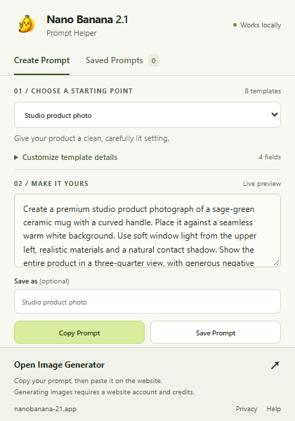 Prompt Helper showing the studio product template, editable fields and prompt preview