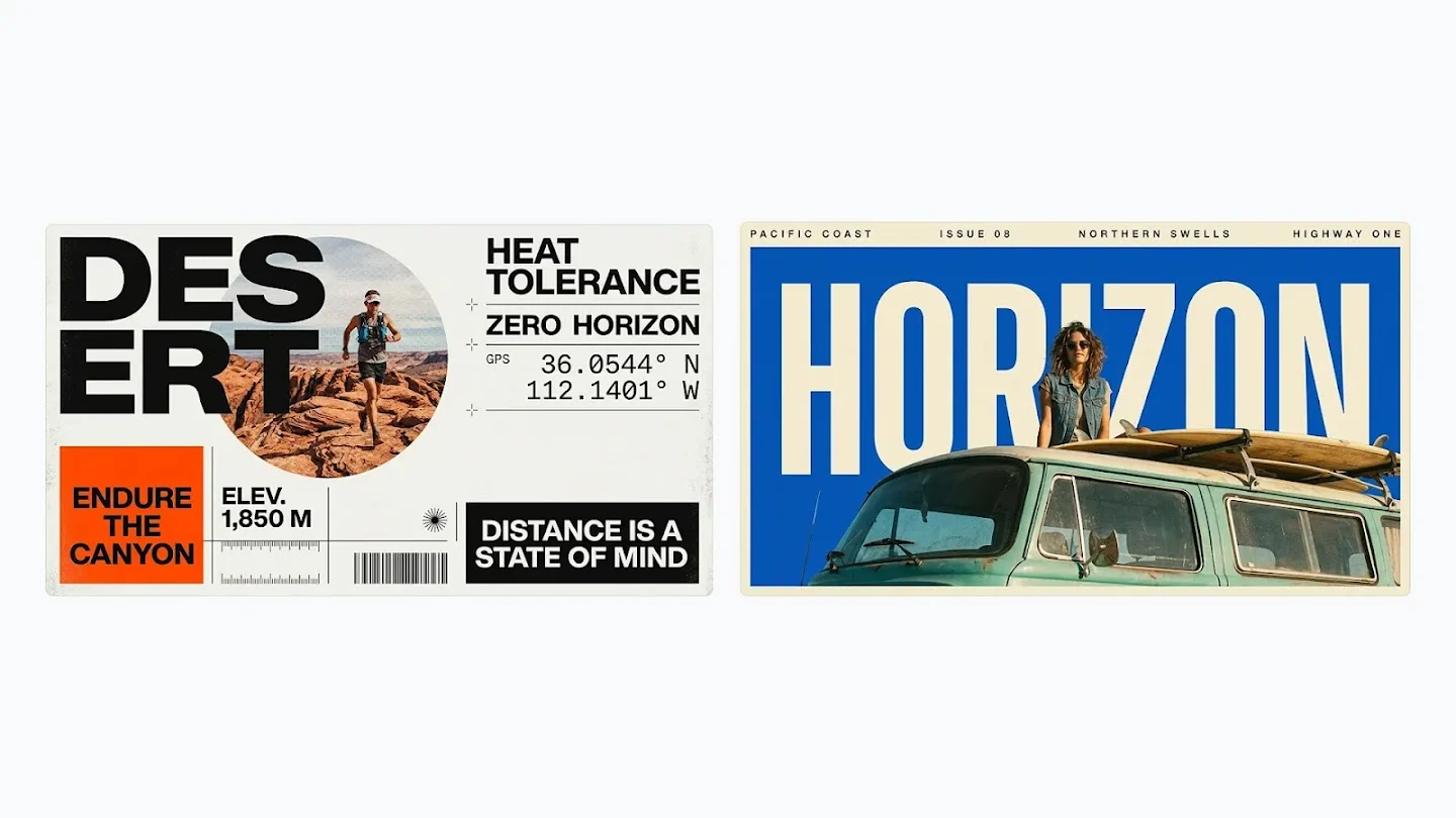 Two adventure posters with DESERT and HORIZON headlines, photography and contrasting graphic layouts