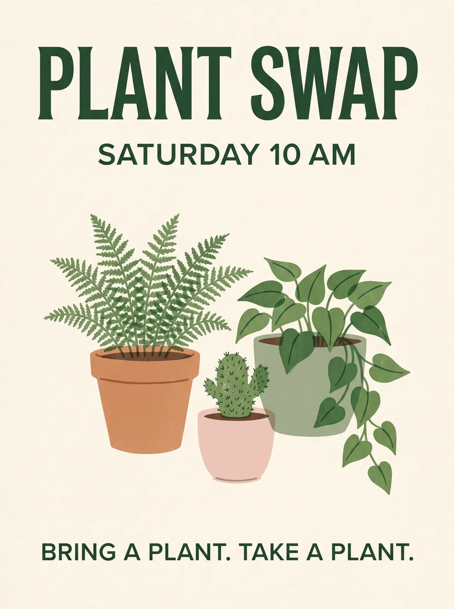 A cream PLANT SWAP poster with the text SATURDAY 10 AM and three illustrated potted plants