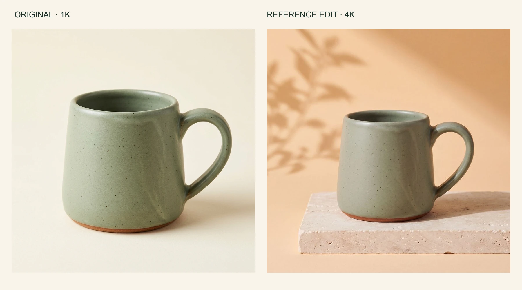 Nano Banana 2.1 reference edit showing the mug on ivory before editing and on a limestone plinth against apricot afterward