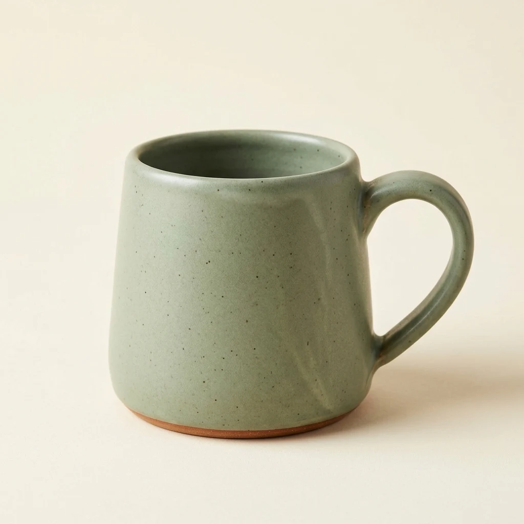 A sage-green speckled ceramic mug with a terracotta foot on a warm ivory background
