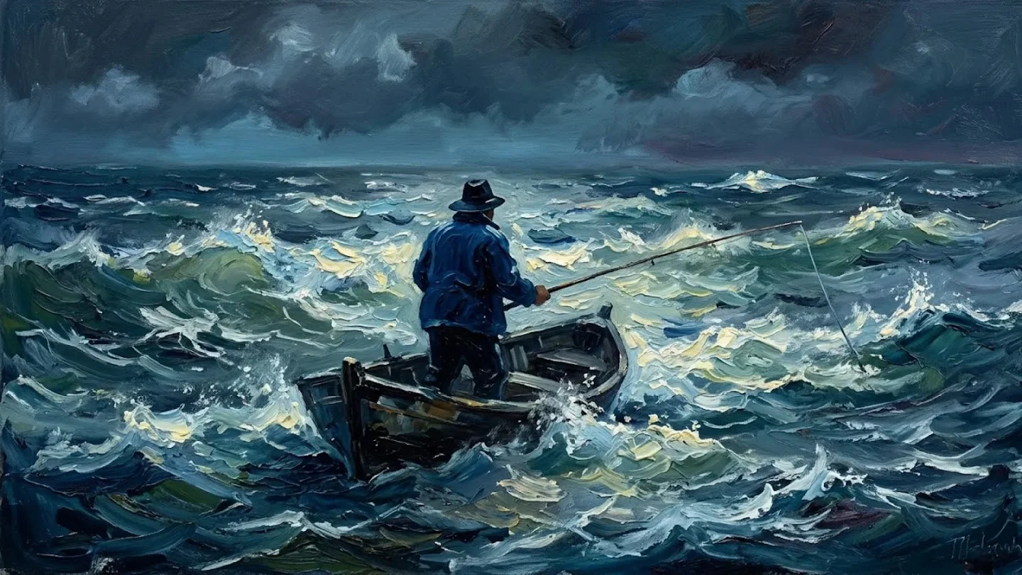 A textured oil painting of a lone fisherman in a small wooden boat on a stormy blue sea