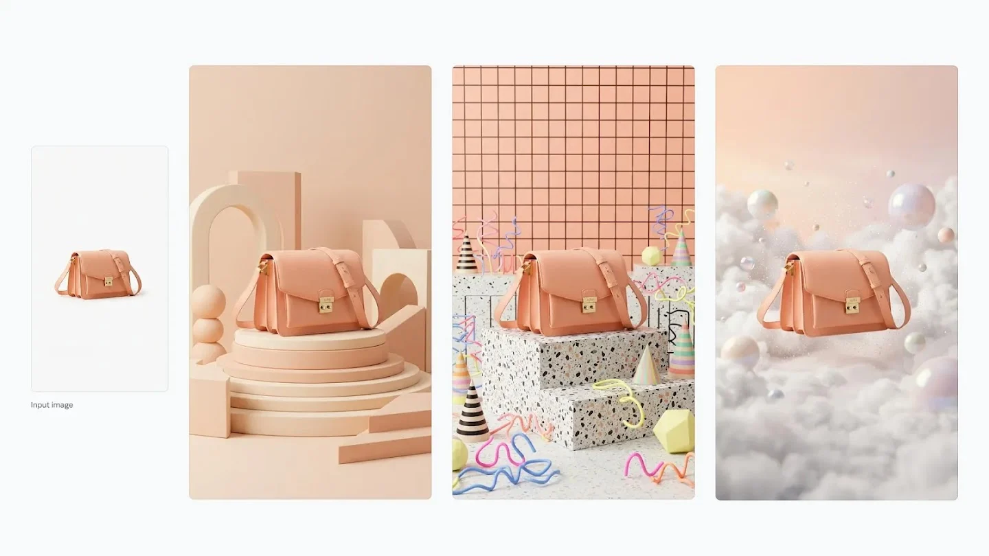 A pink shoulder bag in four creative settings, including geometric pedestals and soft clouds