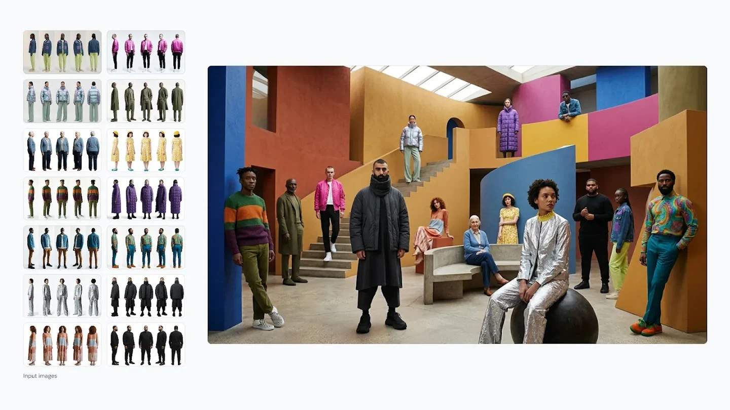 Individual outfit reference photos beside a group of fashion models in a colorful architectural setting